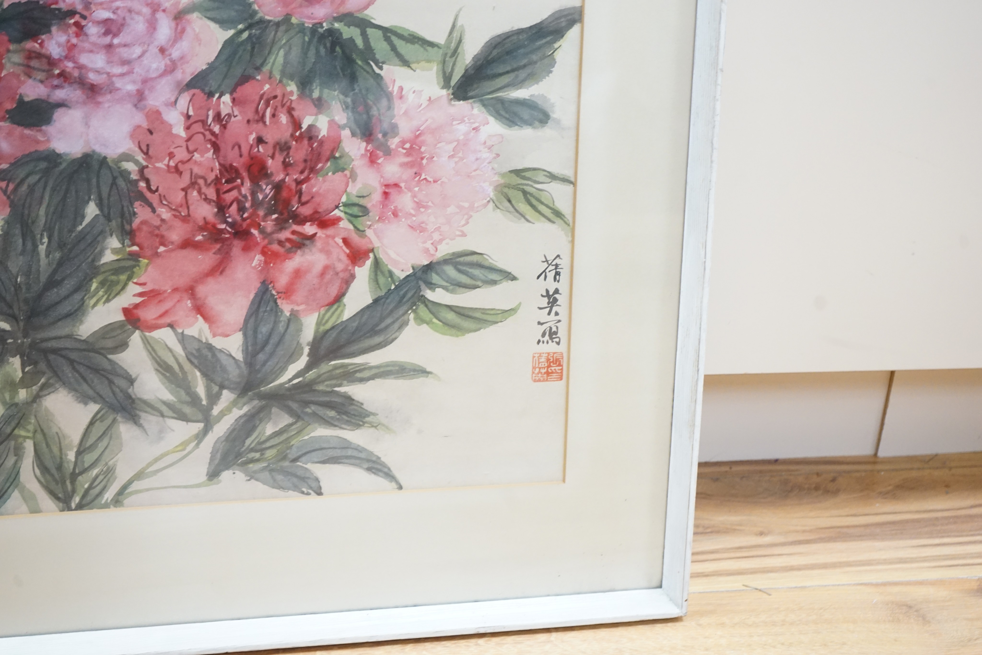 Chien Ying Chang ARWA (1913-2003), watercolour, Peonies, signed, with label verso, 50 x 70cm
